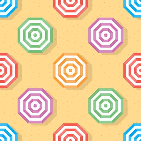 Top view of umbrella seamless pattern background. Colorful umbrella on sand beach. Hexagon repeat background.のイラスト素材