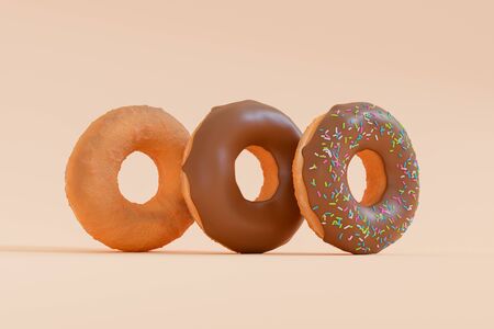 3D Render - Donuts stacked in different styles viewed at an oblique angle. Deep fried doughnuts without topping. Chocolate donuts with icing sprinkle on top. Donuts making process.の写真素材