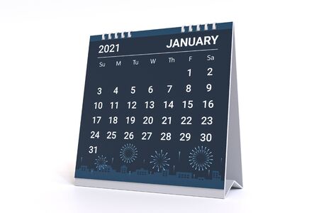 3D Rendering - Calendar for january with fireworks theme. 2021 Monthly calendar week starts on sunday.の写真素材