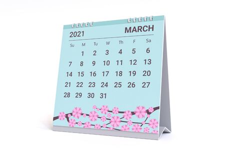 3D Rendering - Calendar for March with flower theme. 2021 Monthly calendar week starts on sunday.の写真素材