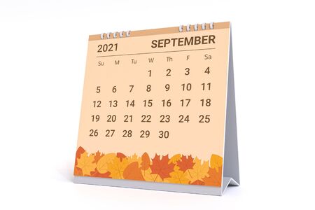 3D Rendering - Calendar for September with autumn leaves theme. 2021 Monthly calendar week starts on sunday.の写真素材