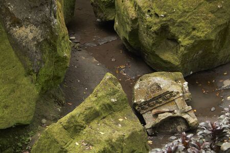 Many big green stones and tree in the gardenの写真素材