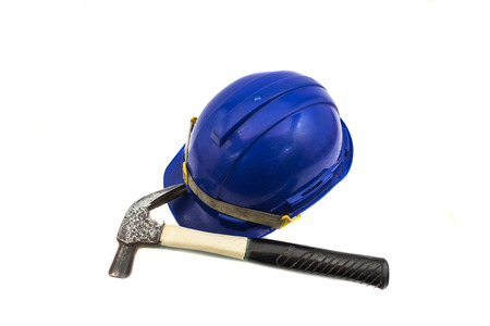 Hammer and helmet on white backgroundの写真素材