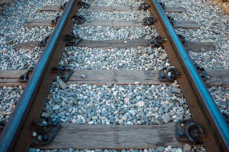 old railway tracks have railway pillow and stone are background. this image for business, transport, train, texture, abstract, industrial, carriage conceptの写真素材