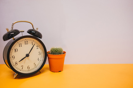 front view. clock and plant placed on wooden background with copy space. image for cactus, business, time, object, isolated, modern, decoration, nature, office, workspace conceptの写真素材