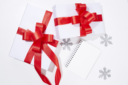 Christmas Decoration with Blank Paper in Center on White Background.Flat Lay,Top Viewの写真素材
