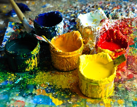 A group of colorful paint cans の写真素材