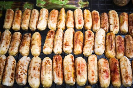 Grilled sweet Cultivated bananas on the grillの写真素材