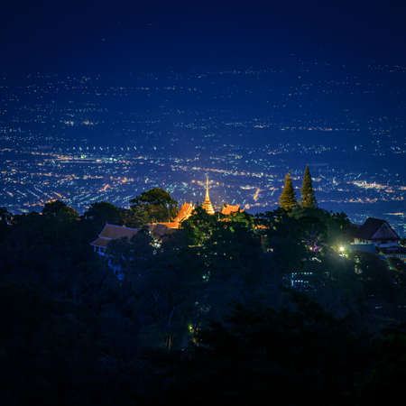 Aerial view , Night landscape of Wat Doi Suthep temple at Chiang Mai, Thailandの写真素材