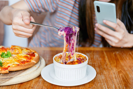 Baked Mashed Sweet Purple Potato with Cheeseの写真素材