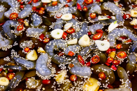 Close-up Korean Style Pickled Prawns or Soy Sauce Pickled Shrimp