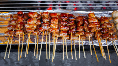 grilled pork intestine in barbecue sticks on the grillの写真素材