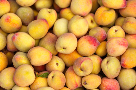 Ripe apricots on the counter of a fruit market.