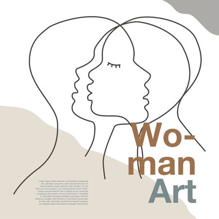 Three women face contemporary line drawing. Decor Printable Art, Abstract Art Prints, Modern Wall Art, Portrait in a modern abstract graphic style.のイラスト素材