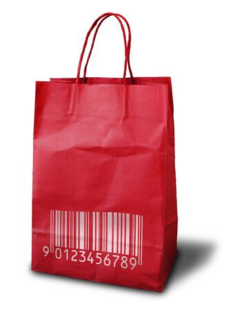 red Crumpled peper bag and white bar codeの写真素材