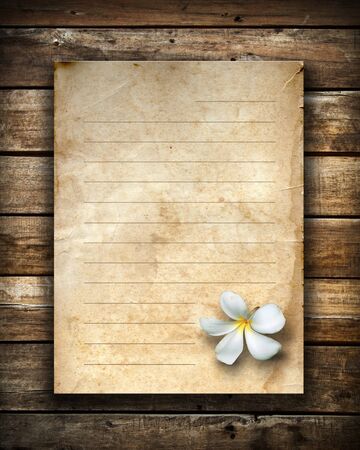 white flower and old blue grunge letter paper on woodの写真素材