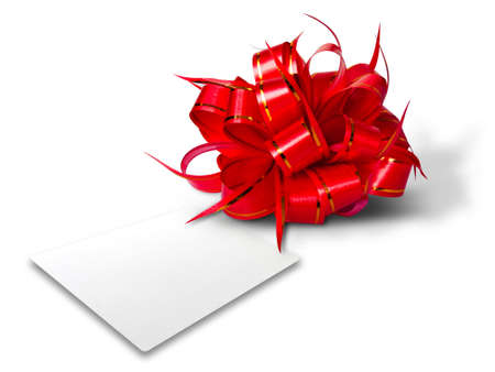 Red Bow and White card for gift on white backgroundの写真素材