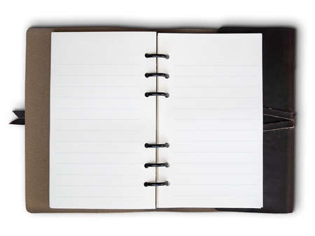Open Old Brown Leather cover notebook on white backgroundの写真素材