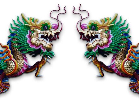 Twin Chinese Dragon statue isolated on white background with shadowの写真素材
