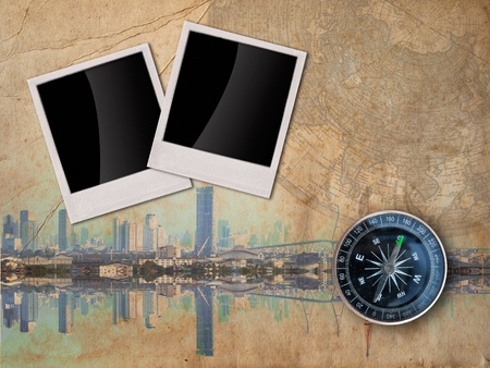 City Travel concept background with Double frame and the compassの写真素材