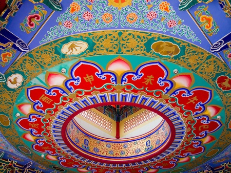 Colorful Chinese Art painted on the ceiling in the temple buildingの写真素材