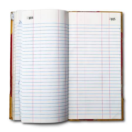 Register book for the old accounts open two pages on white backgroundの写真素材
