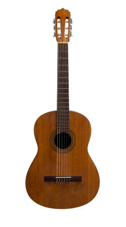 Front of old classic guitar isolated on white backgroundの写真素材