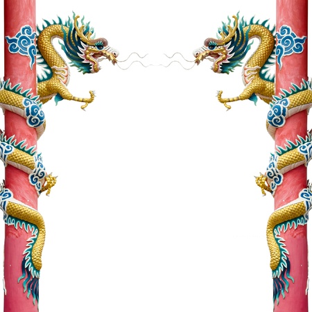 Twin Golden Chinese Dragon Wrapped around red pole on White backgroundの写真素材