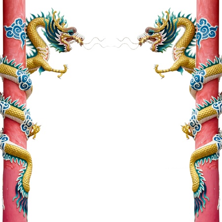 Twin Golden Chinese Dragon Wrapped around red pole on White background