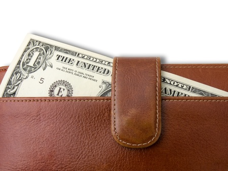 One dollar bill in  brown leather bag on white backgroundの写真素材