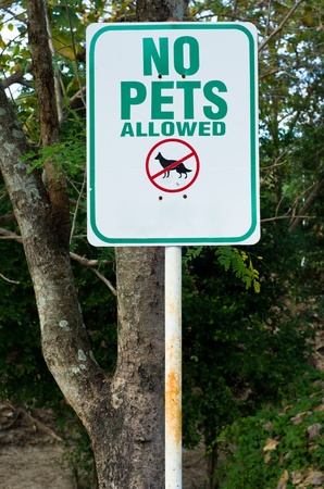 No pets allowed Green and white sign in the gardenの写真素材