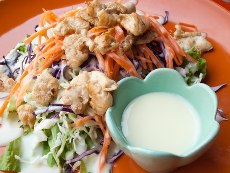Chicken salad on a plate with salad dressingの写真素材
