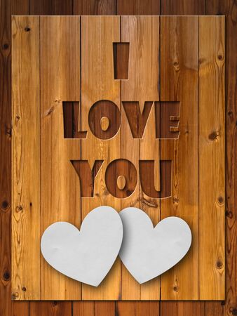 I LOVE YOU Letter carved wood and two white paper heartの写真素材