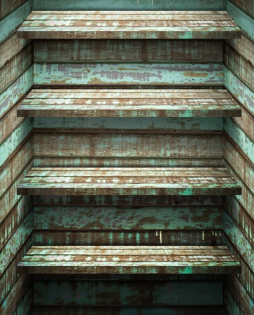 Four Wood Shelf on Green Wood Wallの写真素材