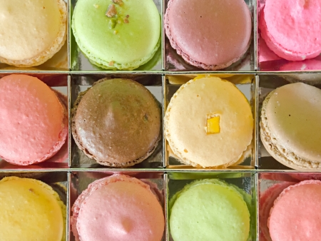 Macaron Bright Color in Silver Box Top Viewの写真素材