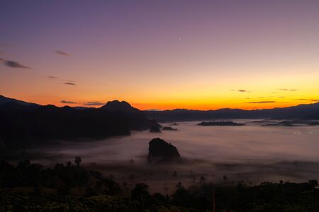 Mountain views and beautiful Mist of Phu Langka National Park, Thailandの写真素材