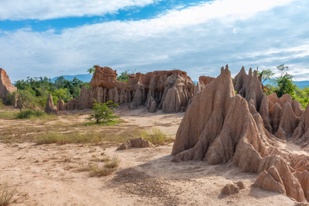 Sao Din Na Noi,soil textures eroded sandstone pillars, columns and cliffs, Nan Province,Thailandの写真素材