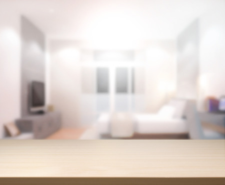 Wood Table Top with Background In the Bedroomの写真素材