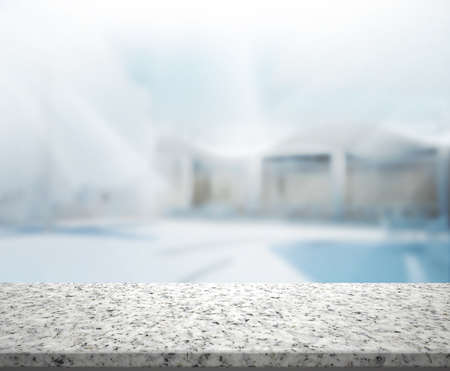 Wood Table Of Blur Background in The Officeの写真素材