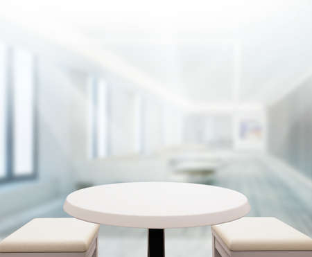 Wood Table Of Blur Background in The Officeの写真素材