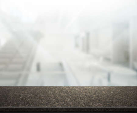 Wood Table Of Blur Background in The Officeの写真素材