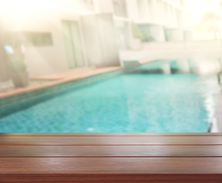 Wood Table Top Of Background And Poolの写真素材
