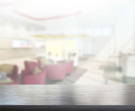 Wood Table Of Blur Background in The Office