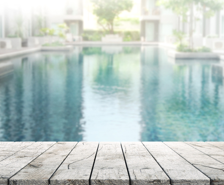 Wood Table Top of The Background and Poolの写真素材