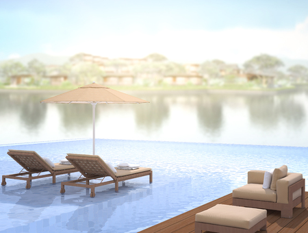 Swimming Pool And Terrace Of The Blur Exterior Backgroundの写真素材