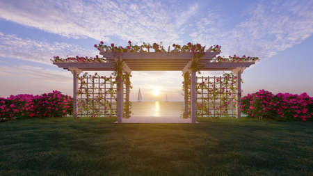 3d rendering The  Pavilion with sea  backgroundの写真素材