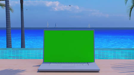 3d rendering, laptop or computer notebook on sea  - business travel background