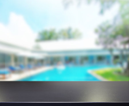 Table Top And Blur Swimming Pool Of Backgroundの写真素材
