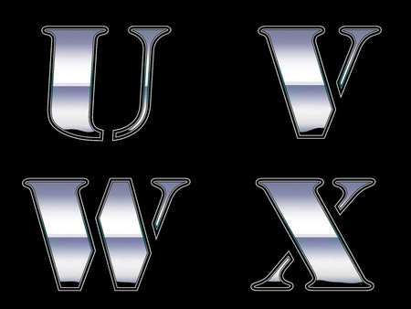 3d rendering chrome font uppercase isolated on black backgroundの写真素材