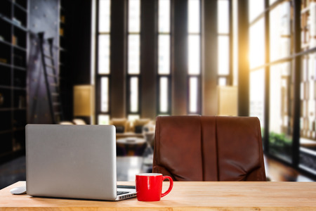 workspace with computer, laptop, office supplies, and coffee cup, at office. desk work concept.の写真素材